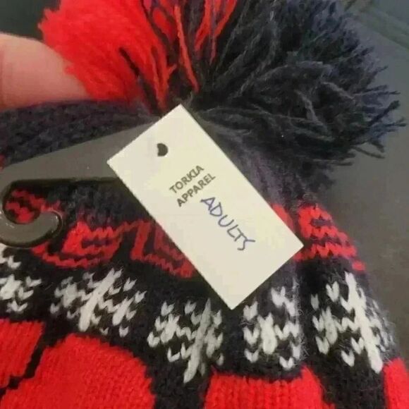 Torkia Men's Navy/Red Acrylic Knit New York Chullo Beanie w Pom-Pom NEW - Picture 6 of 6